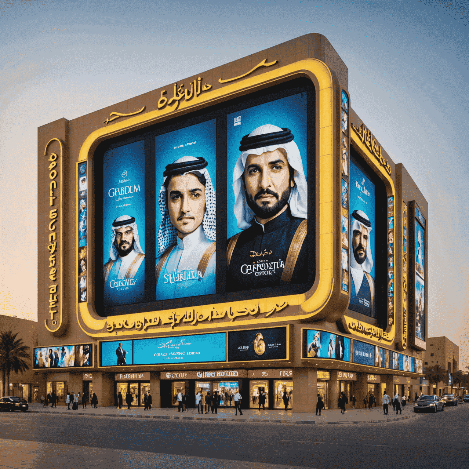 Riyadh Cinema Complex featuring a modern facade with large LED screens displaying movie posters