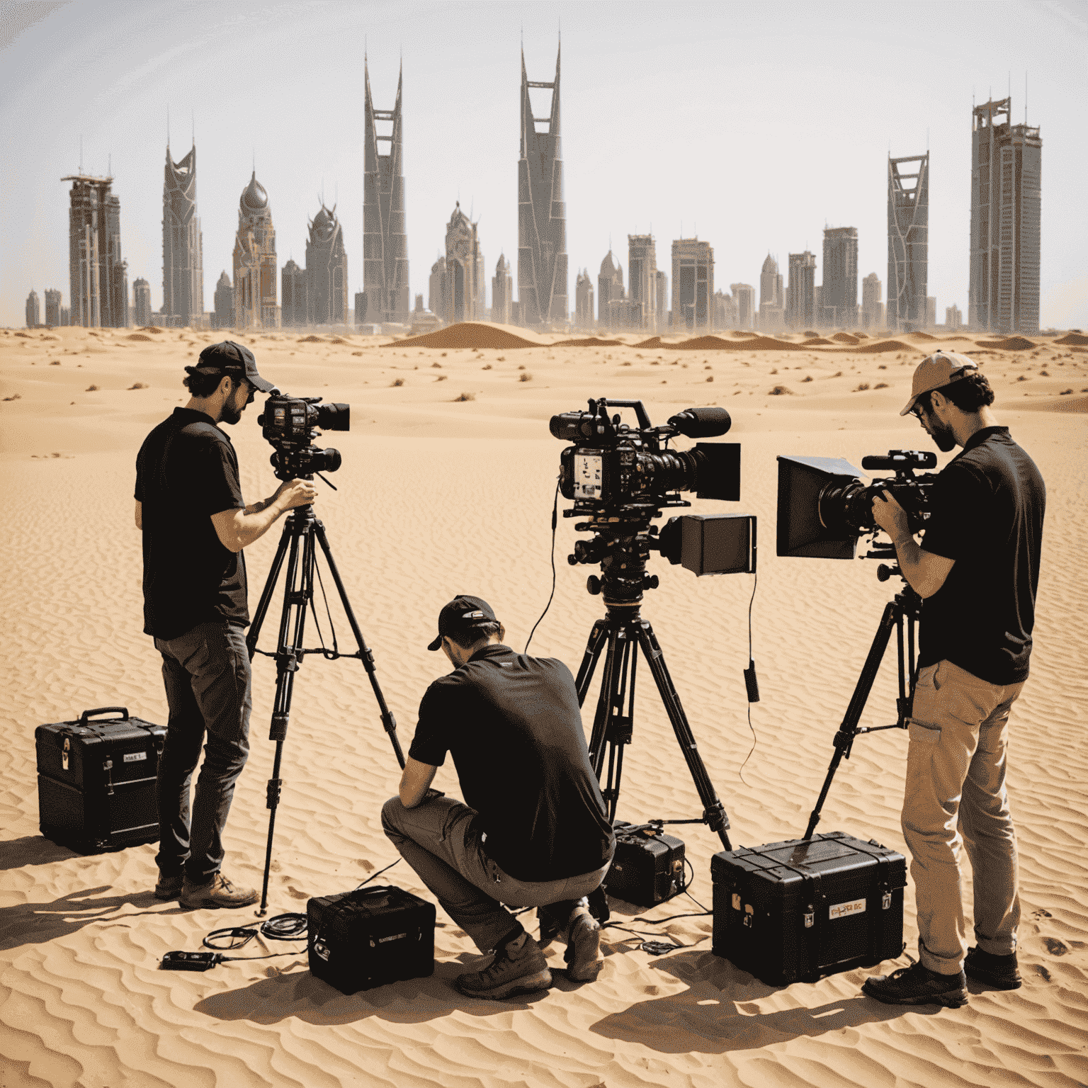 Film crew setting up equipment on a desert location in Saudi Arabia, with modern skyscrapers visible in the background