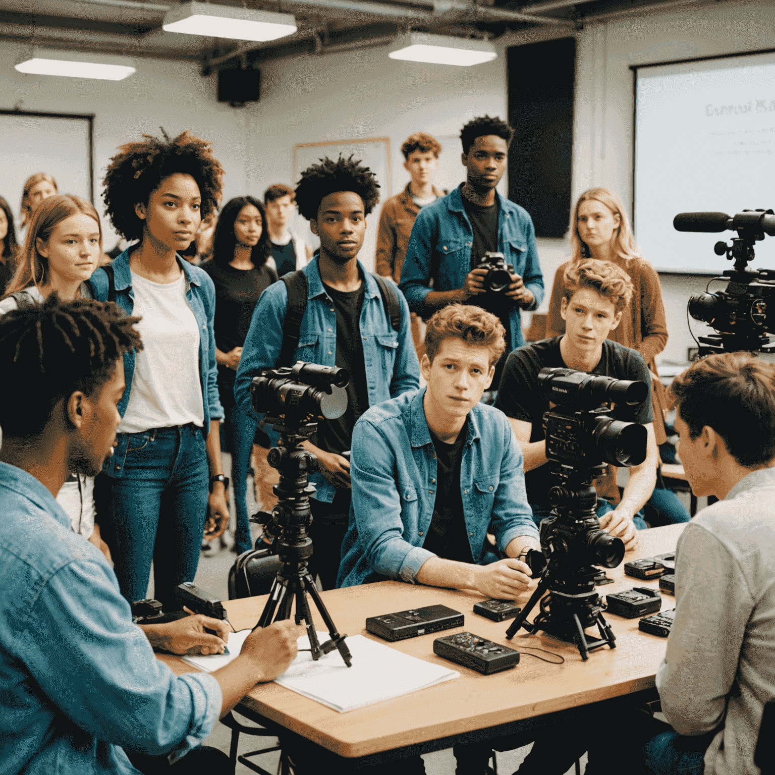 A group of diverse students attending a film workshop, with cameras and equipment visible in the foreground