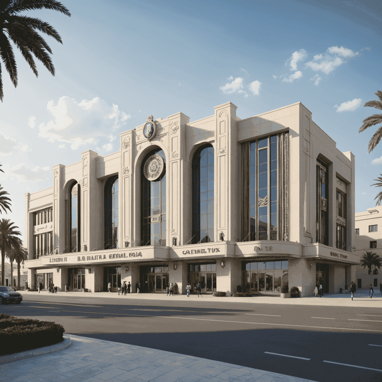 Modern cinema complex exterior with Saudi architectural elements