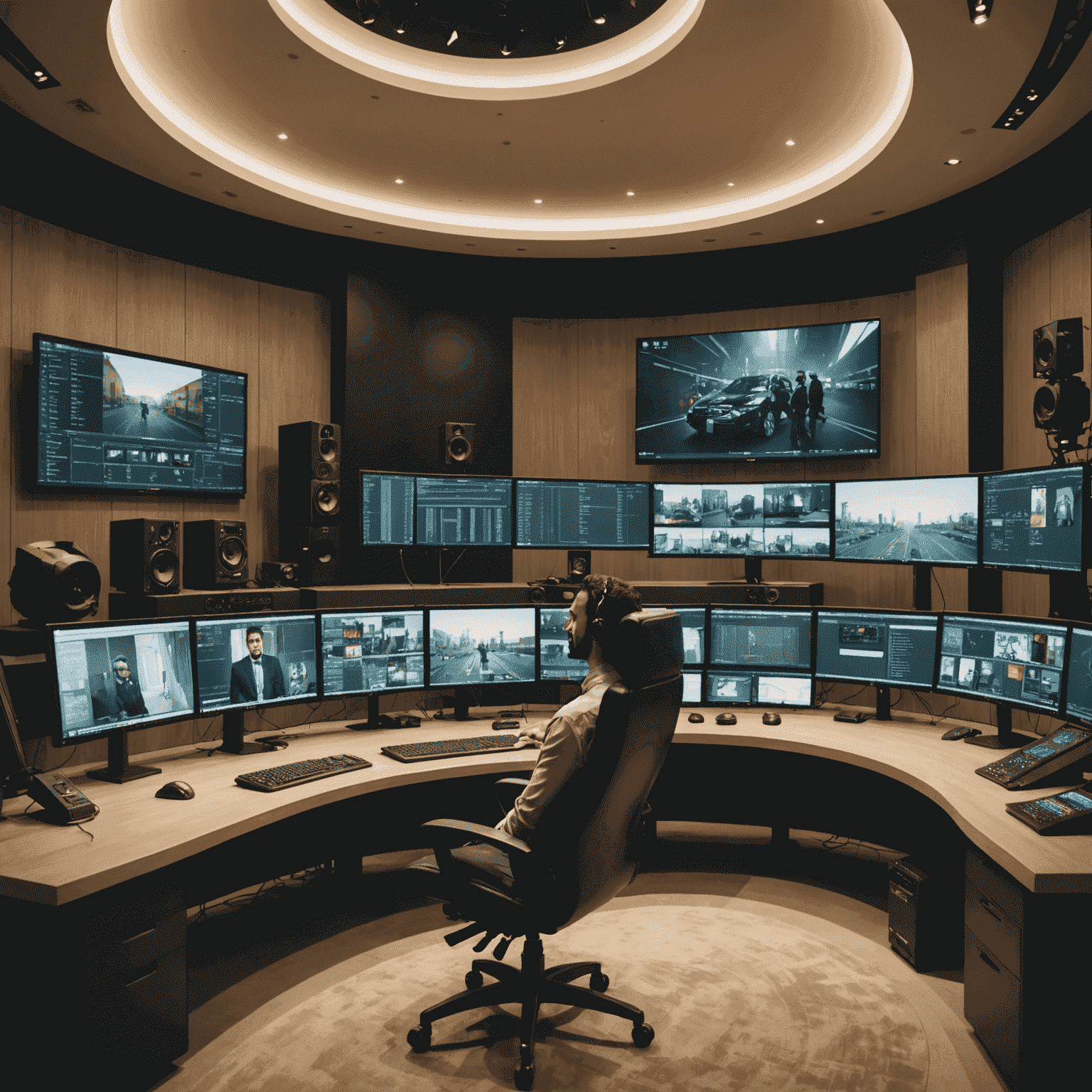 Modern post-production studio in Riyadh with editors working on multiple screens, showcasing the technological advancement of Saudi Arabia's film industry
