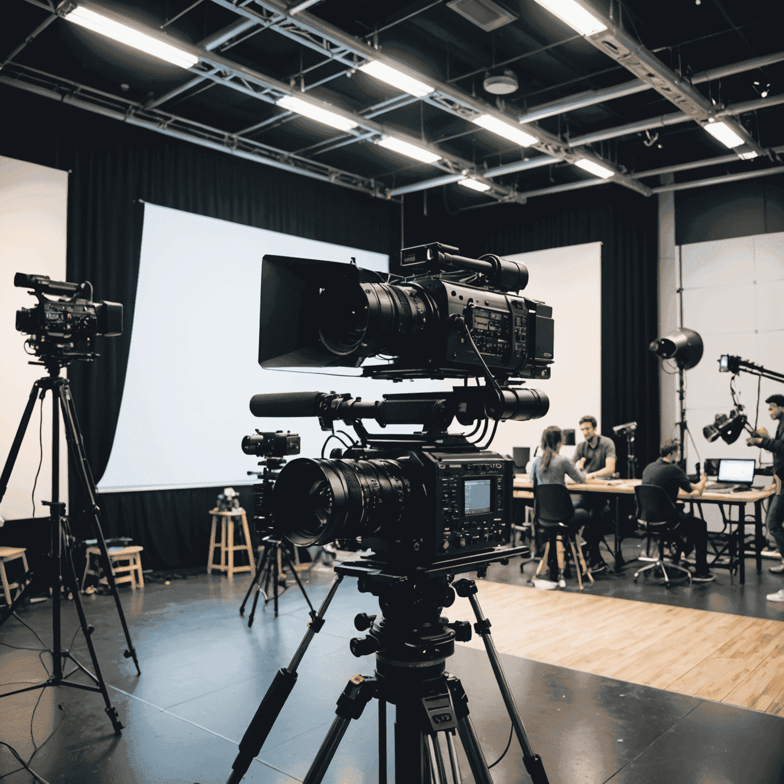 A state-of-the-art film studio with students working on a film set, showcasing modern equipment and technology