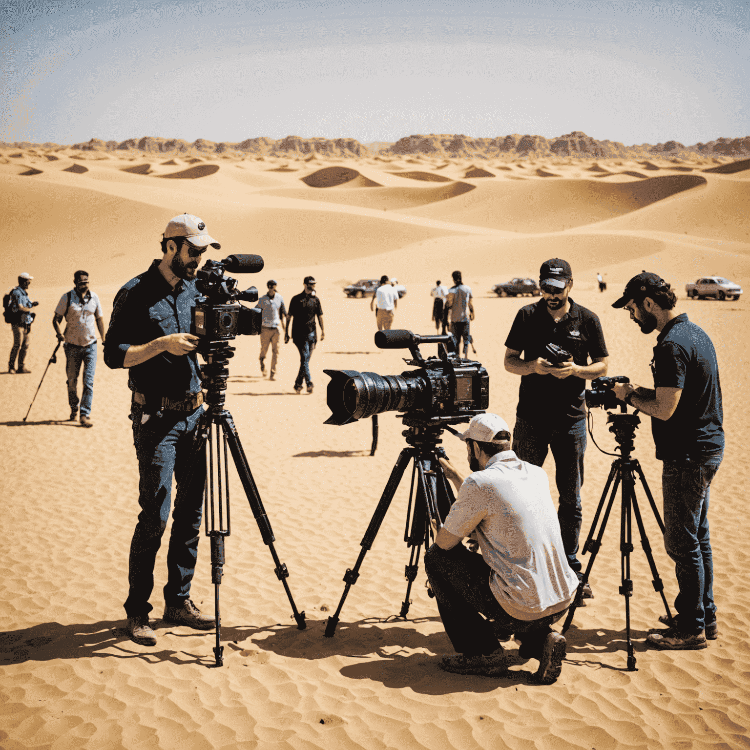 Film crew working on a set in a Saudi desert location
