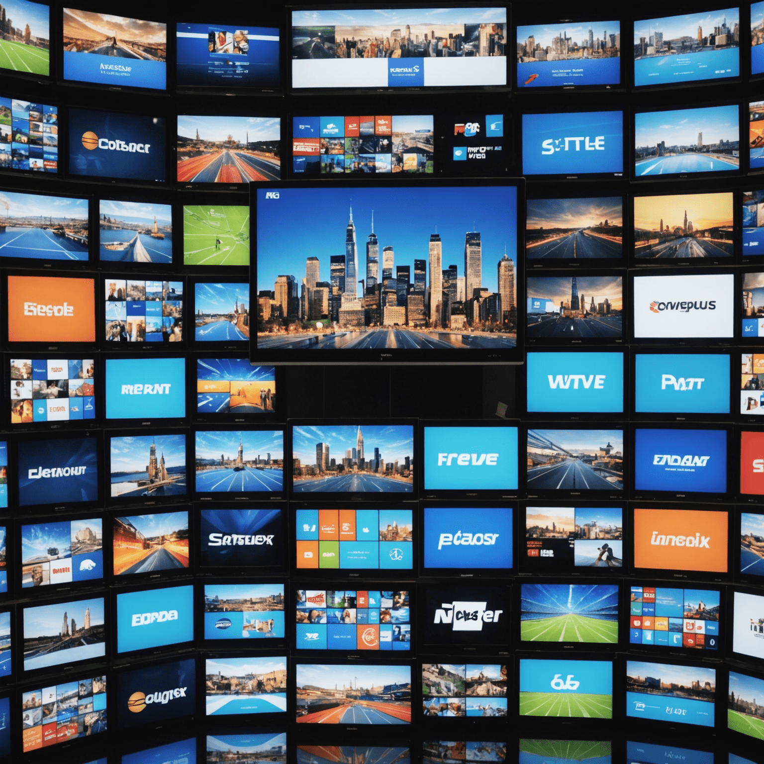 Multiple screens showing live TV broadcasts, including news, sports, and entertainment channels